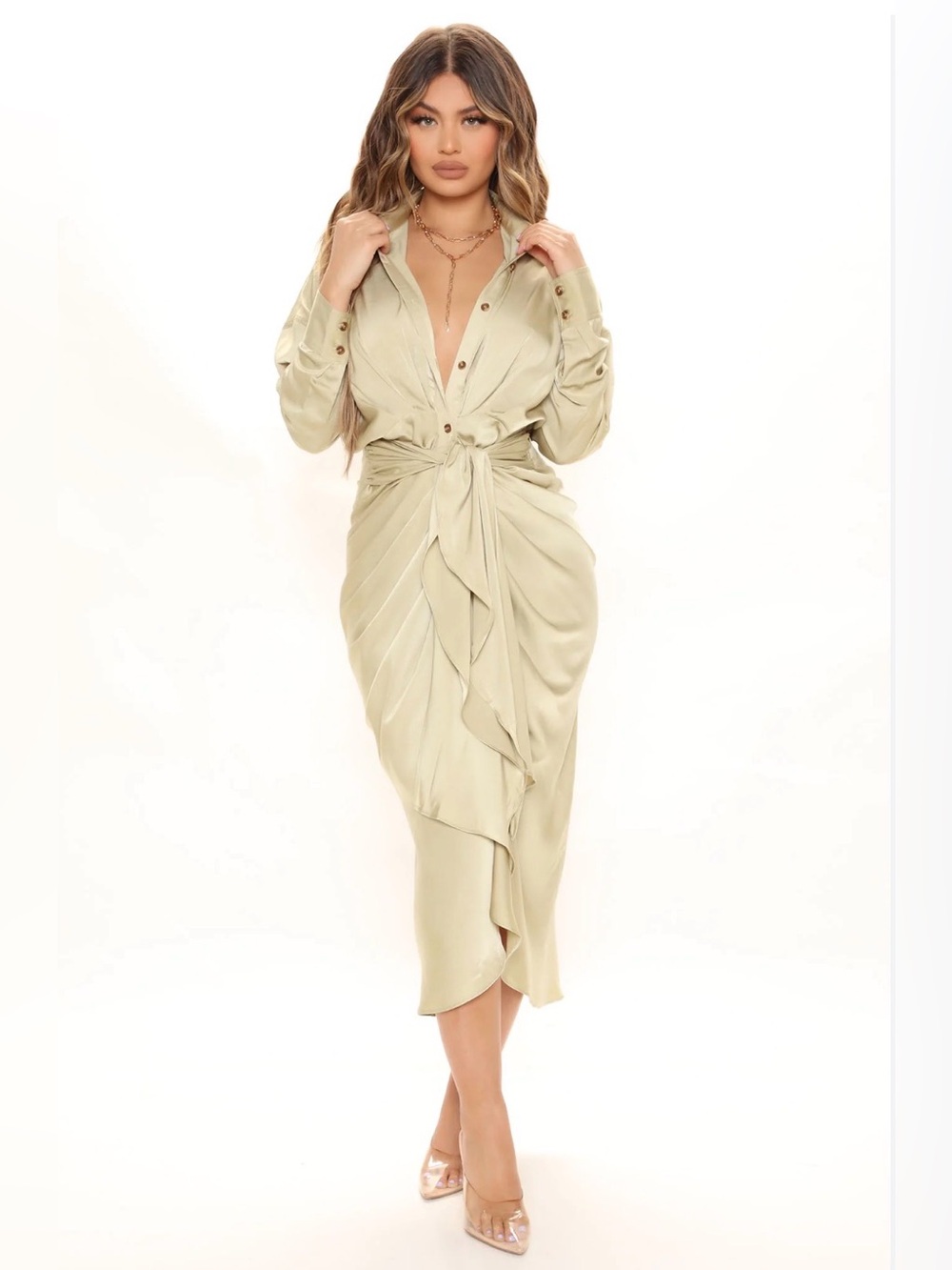 Fashion Nova Sage Satin Tie-Front Midi Dress - Picture 1 of 8